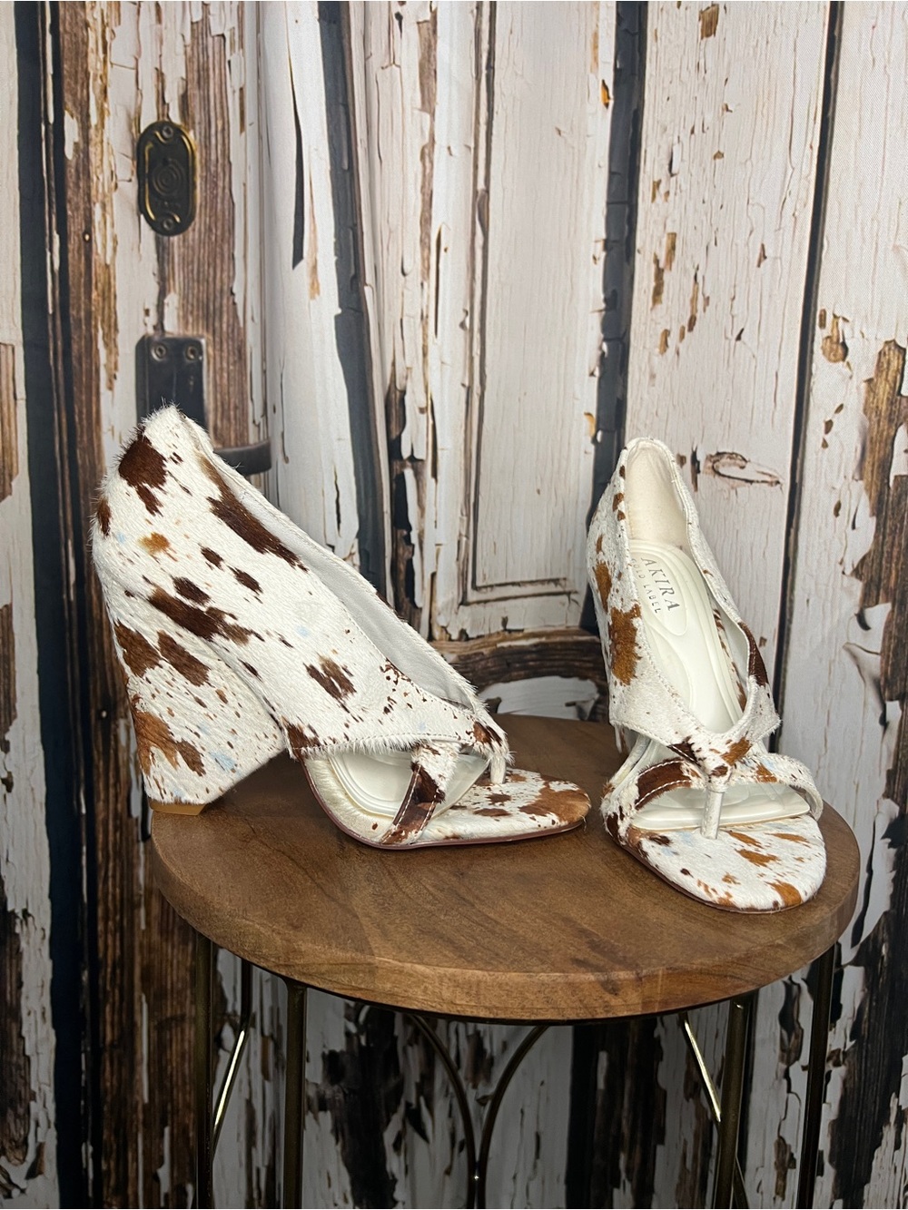 Akris White and Brown Cowhide Crisscross Wedge Sandals